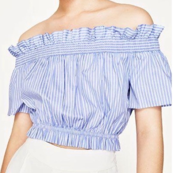 Zara Basics Striped Blue and White Off Shoulder Ruffled Crop Top Size XS - Picture 9 of 10